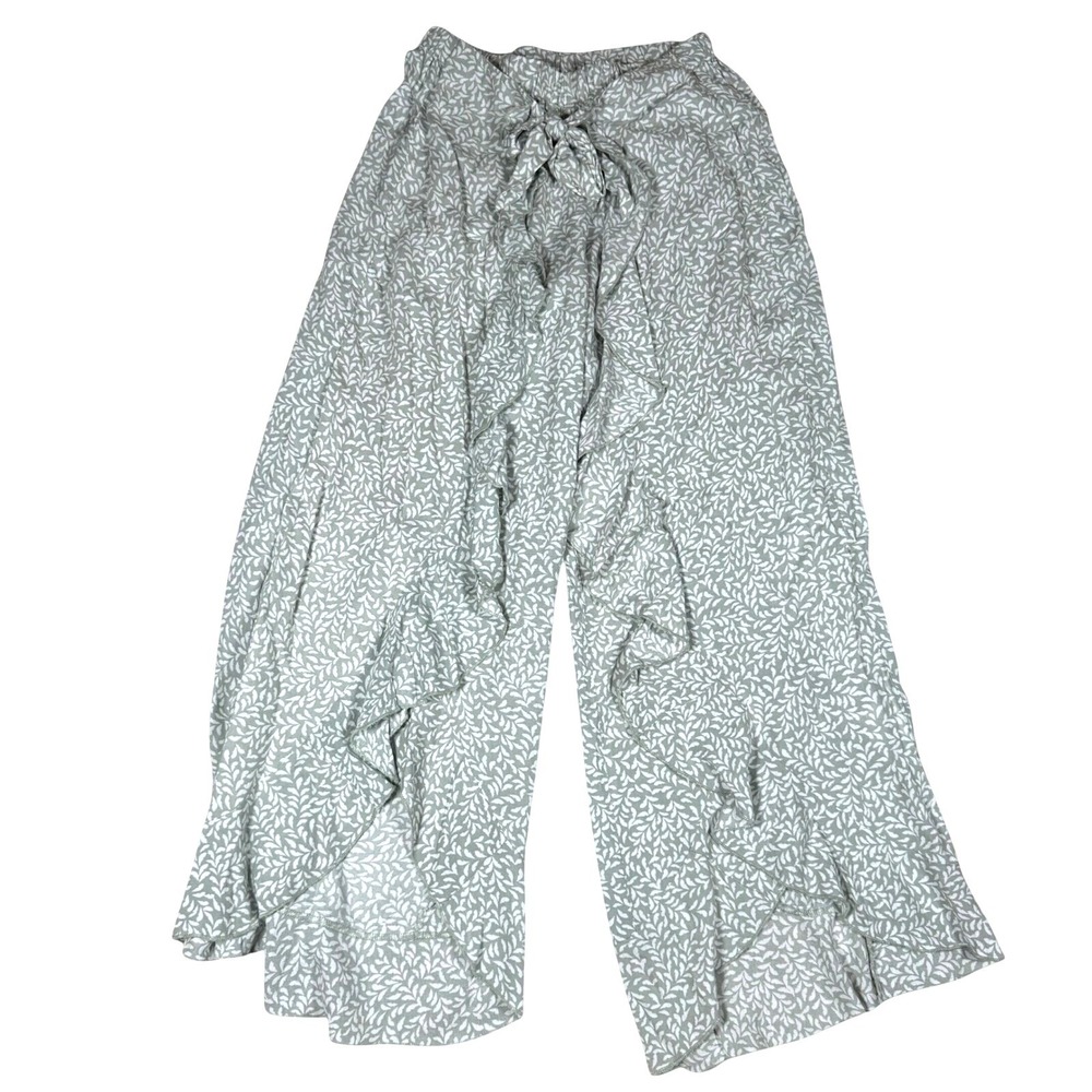 Kiwi & Punch Ruffle Wrap Pants Womens Small Sage Green Split Boho Flowy Rayon
